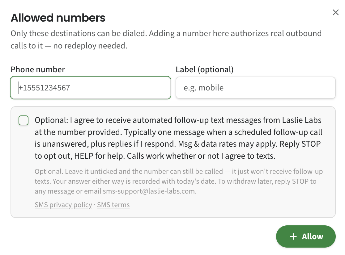 The Allowed numbers screen: a phone number entered, the optional SMS consent checkbox unticked, the full consent wording, links to the privacy policy and terms, and the Allow button enabled.
